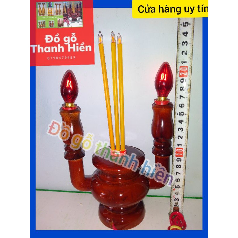 Lư nhang để bàn thờ điện gỗ tràm có nhang bóng đèn