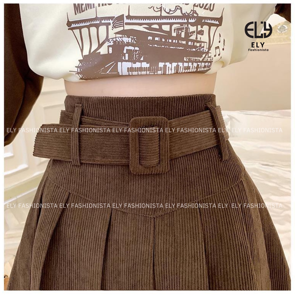 Chân váy ngắn chữ a xếp ly chất nhung tăm công sở dày loại 1 tặng kèm đai bọc nhung cao cấp ELY106