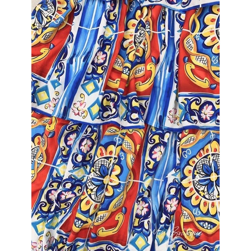 Đầm Tầng Tay Nơ Xanh Thổ Cẩm Nhập QC | BigBuy360 - bigbuy360.vn