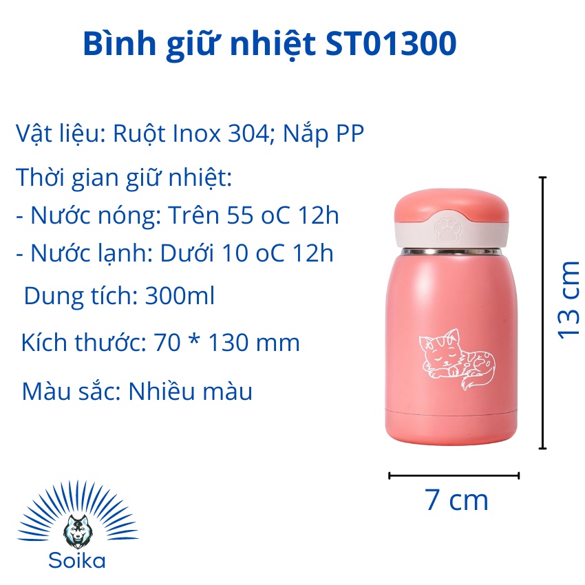 Bình Giữ Nhiệt Cute Cho Bé SOIKA ST01300 Inox 304 300ml Họa Tiết Mèo Con Nhiều Màu