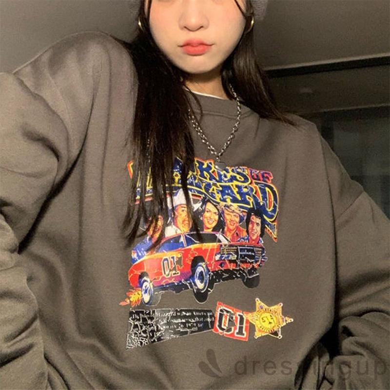 Áo nỉ tay dài cổ tròn dáng rộng in họa tiết hoạt hình thời trang cho nữ