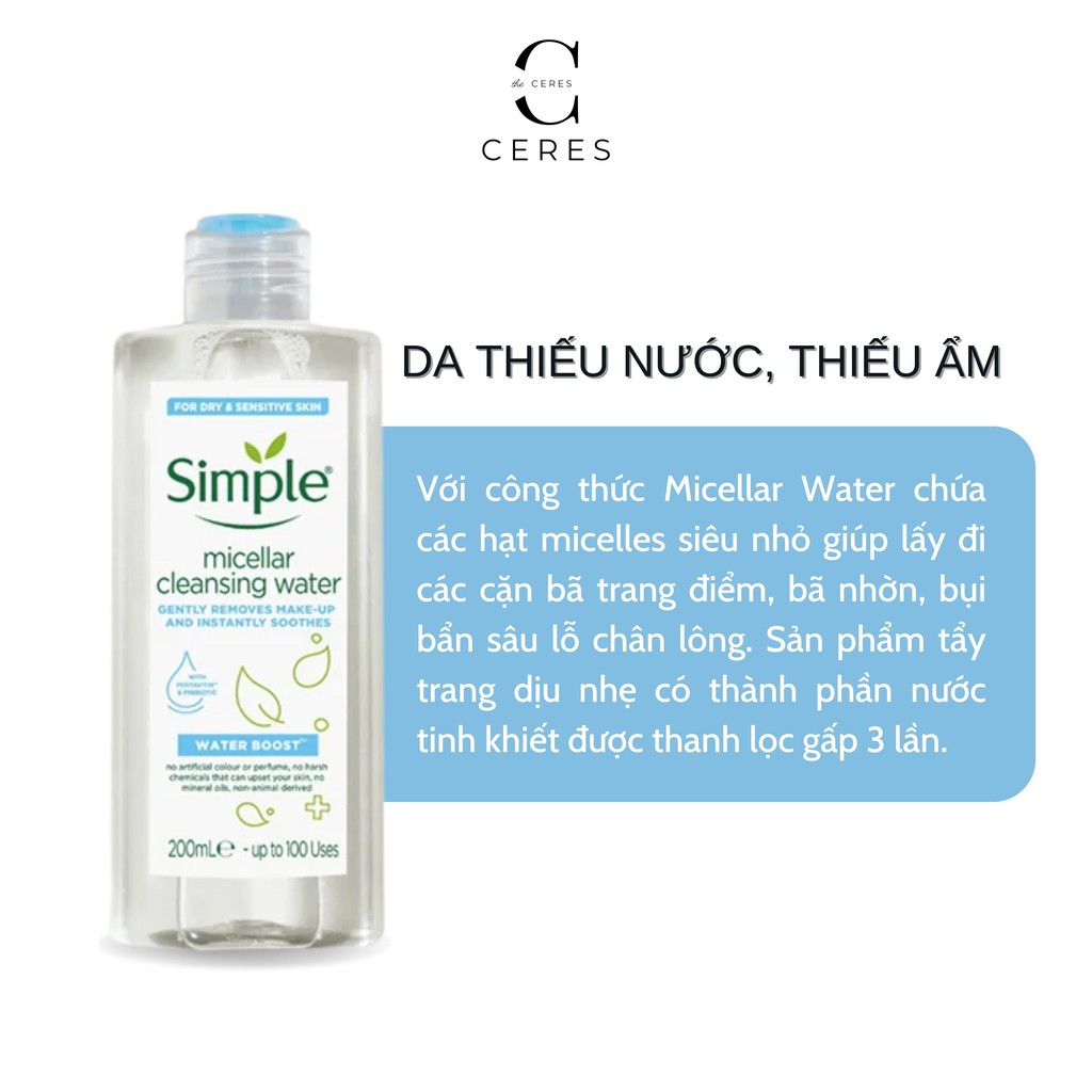 Nước Tẩy Trang Simple Cấp Ẩm Cho Da Khô Water Boost 200ml