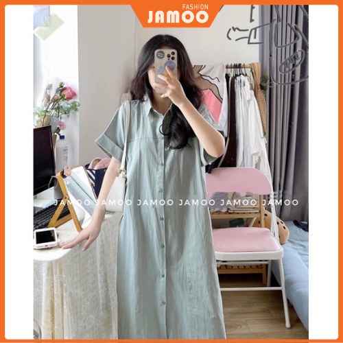 Váy sơ mi xắn tay Ulzzang- Đầm nữ suông oversize Jamoo