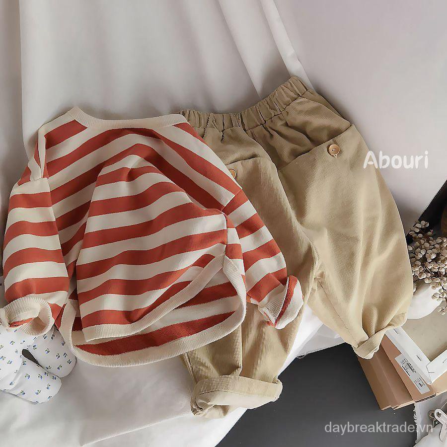 Bộ đồ dài tay họa tiết kẻ sọc thời trang xuân thu phong cách phương Tây cho bé gái