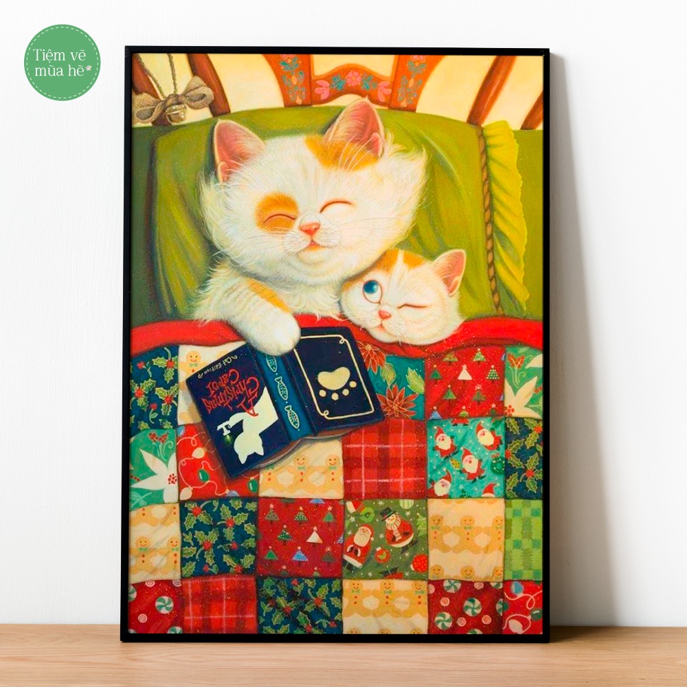 ✅Tranh tô màu theo số - Mèo lười ngủ ngày đã căng khung 40x50cm 33 màu