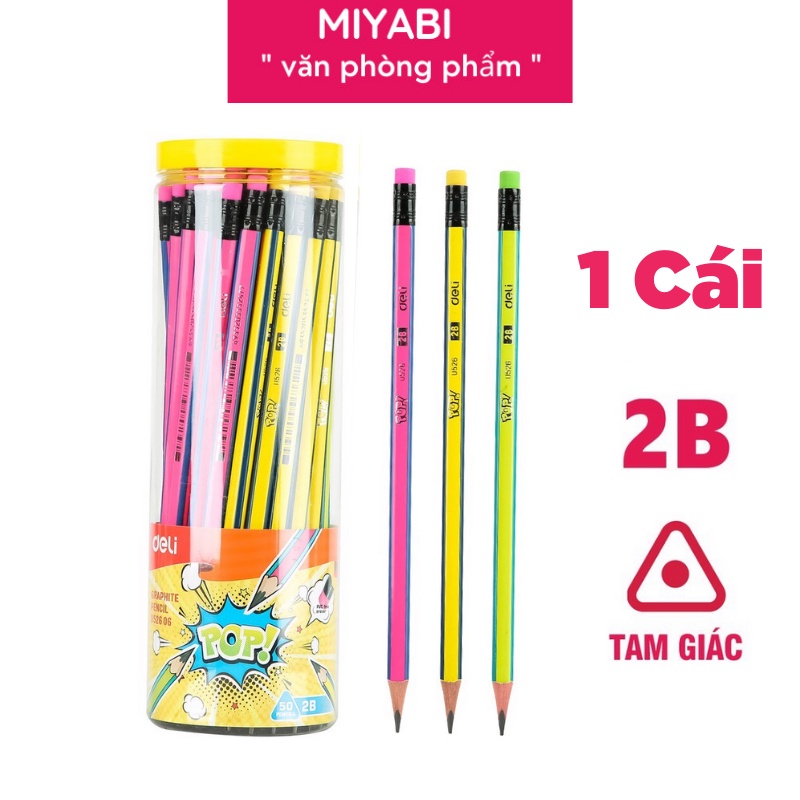 Bút chì gỗ DELI tam giác có tẩy - 1 cái - Bút chì 2B cao cấp văn phòng phẩm - MIYABI STORE