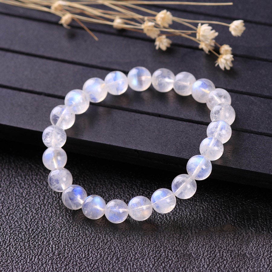 Vòng phong thủy TUDO Moonstone trắng ánh xanh hạt 5-6 mm cho nữ mệnh Kim và Thủy