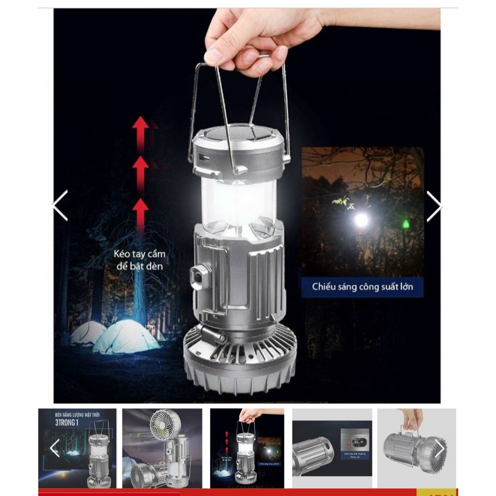 Đèn Pin Camping 3 in 1 Đèn Bão Du Lịch Đi Câu Cá Cắm Trại Picnic Sạc Năng Lượng Mặt Trời Có Quạt Kiêm Sạc Dự Phòng