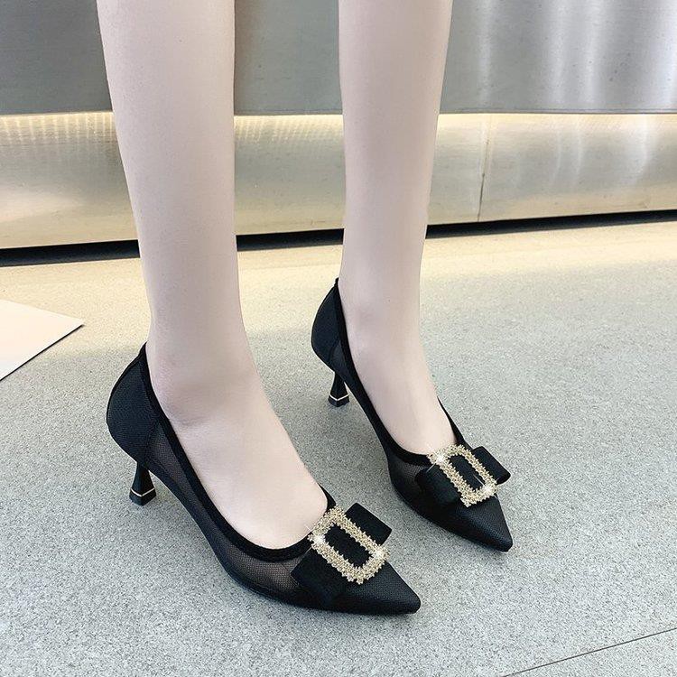 ♨Mesh Pointed High Heels Female Breathable Korean Metal Square Buckle Rhinestone Fashion Single Stiletto 2021 Spring/Summer New Style