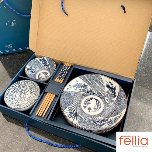 Bộ 2 chén bát, đĩa và đũa sứ cao cấp Fellia phong cách Nhật Bản