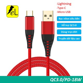 [Siêu bền] Cáp sạc nilon dùng trọn đời hỗ trợ QC3.0 cổng micro, type-c, lightning 1m