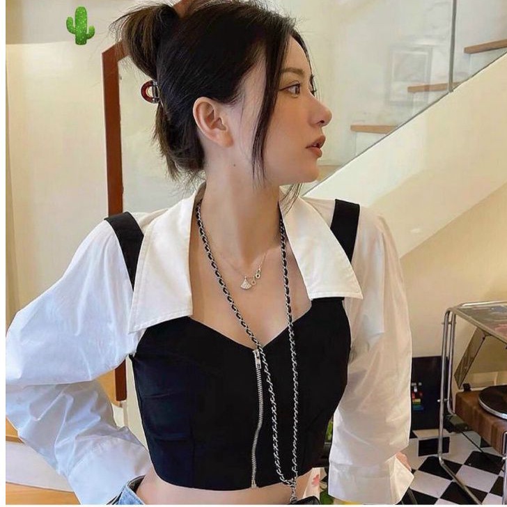 Áo sơ mi phối  trắng đen zip kéo siêu đẹp (B.C)