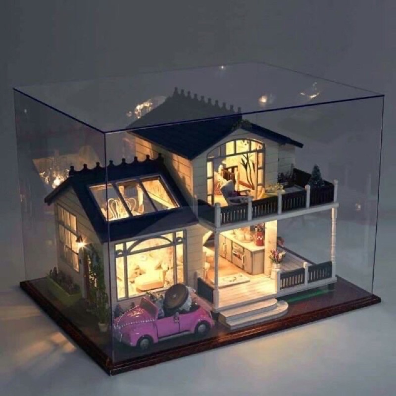 (Tặng keo sữa,đèn)Mô hình nhà búp bê bé tự lắp ráp đô chơi bằng gỗ Diy doll house 1032