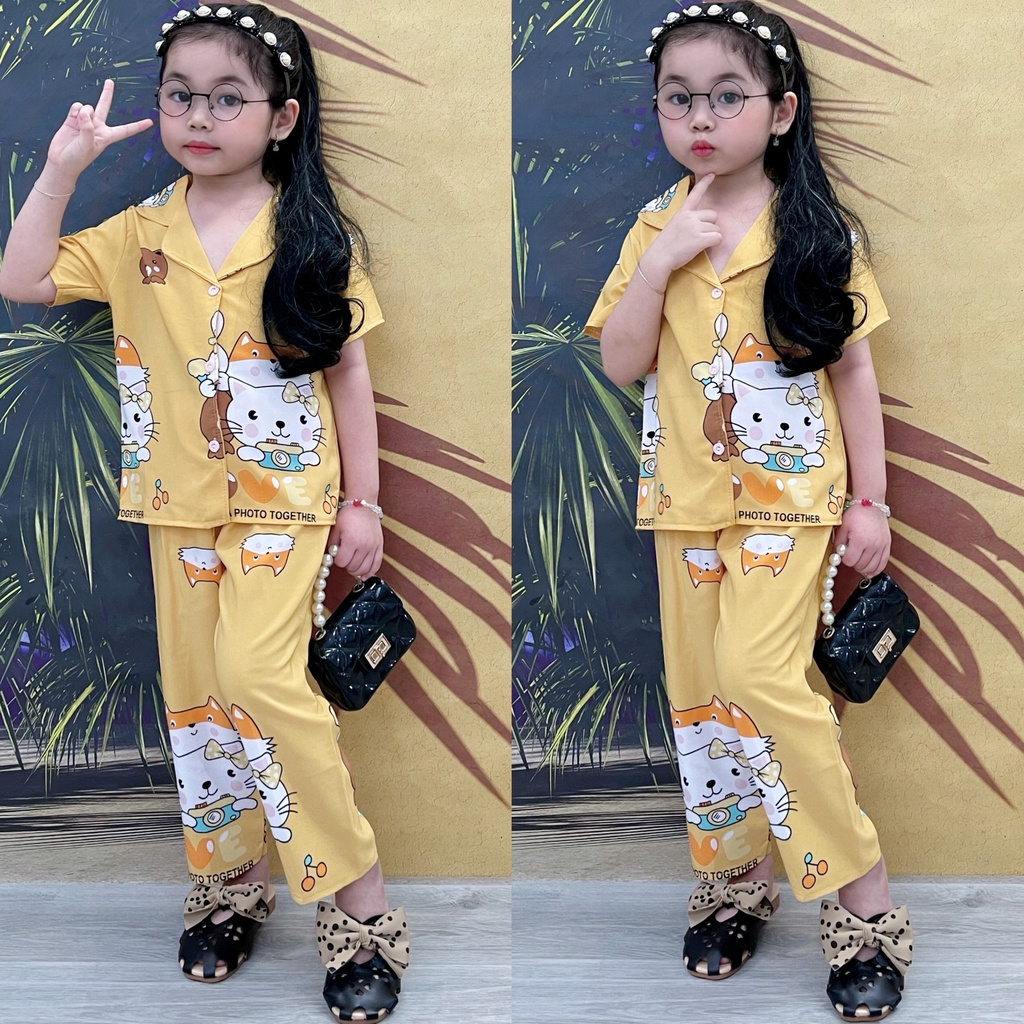 T240 Bộ pijama bé gái tay ngắn quần dài mặc nhà hoạt hình thú dễ thương 11 22kg