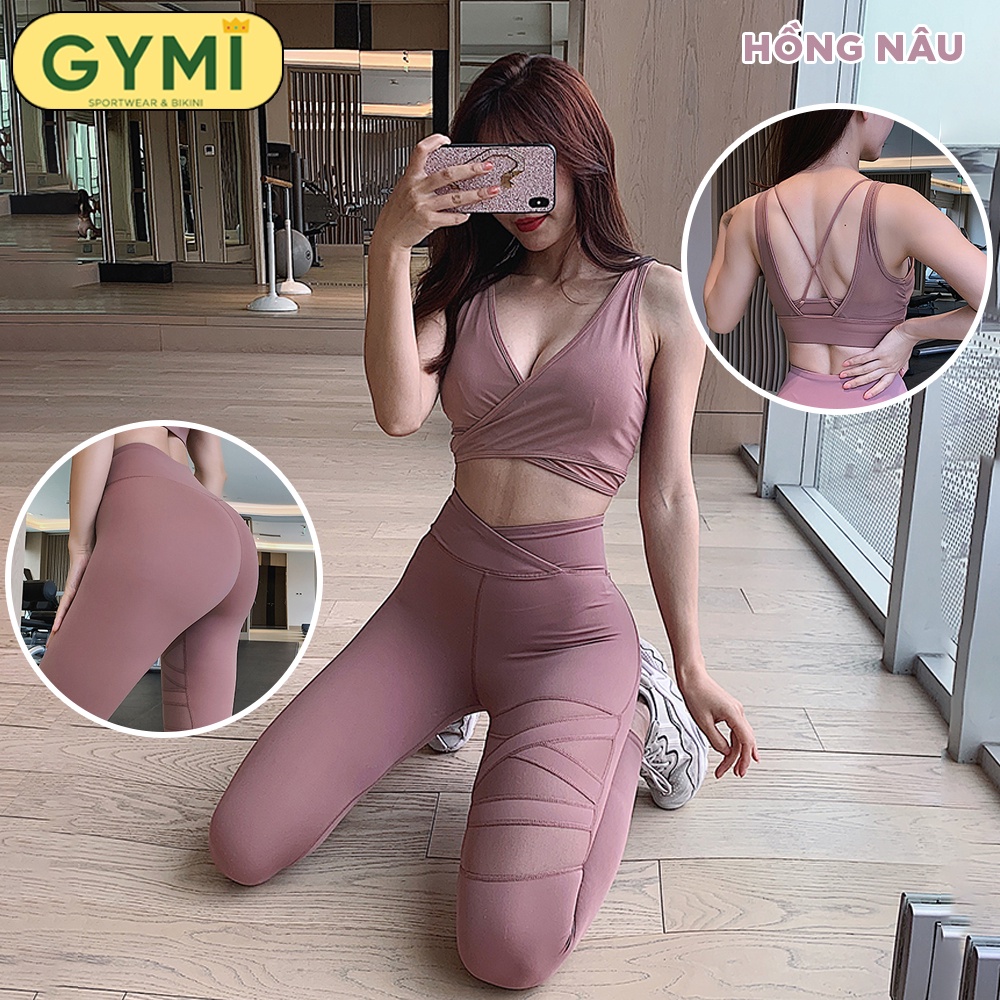 Set bộ đồ tập gym yoga nữ chất thun poly GYMI SET22 gồm áo bra chéo và quần legging thể thao co giãn đàn hồi