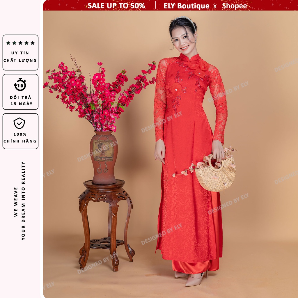 Áo dài cưới truyền thống ELY Boutique, thân kết đính hoa, 3 lớp 6 tà