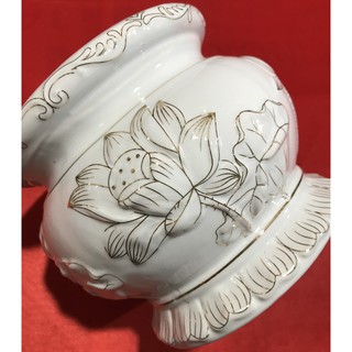 Lư hương thờ cúng bạch ngọc hoa sen nổi Size 5 inch (12 cm)