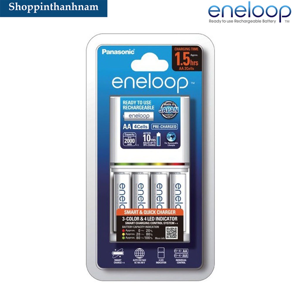 Bộ sạc pin AA Eneloop Panasonic nhanh , tự ngắt tặng kèm 4 pin sạc Eneloop 2000 mAh chính hãng