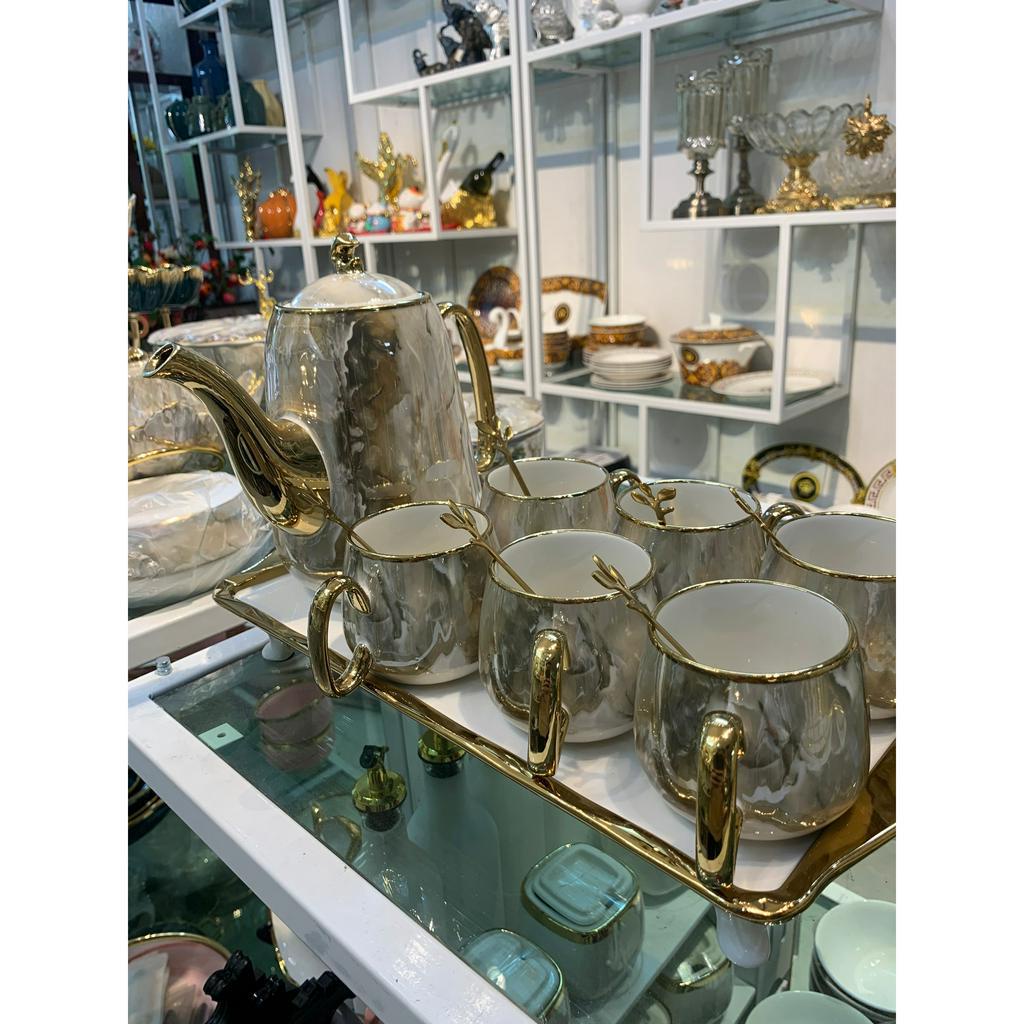 [ĐẶC BIỆT] Bộ trà ấm chén sứ vân đá tặng kèm 6 muỗng cafe. bộ tách pha trà màu vân ghi phong cách hiện đại