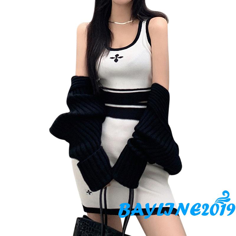 Bộ Áo Dệt Kim 2 Dây Cổ Chữ U Màu Sắc Tương Phản + Chân Váy Ngắn Mini Lưng Cao Thời Trang Cho Nữ