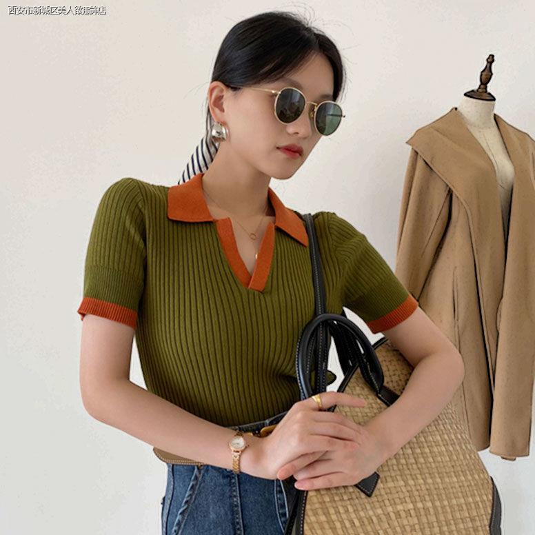 Áo Thun polo Tay Ngắn Cổ Chữ V Màu Sắc Tương Phản Thời Trang Mùa Hè Dành Cho Nữ