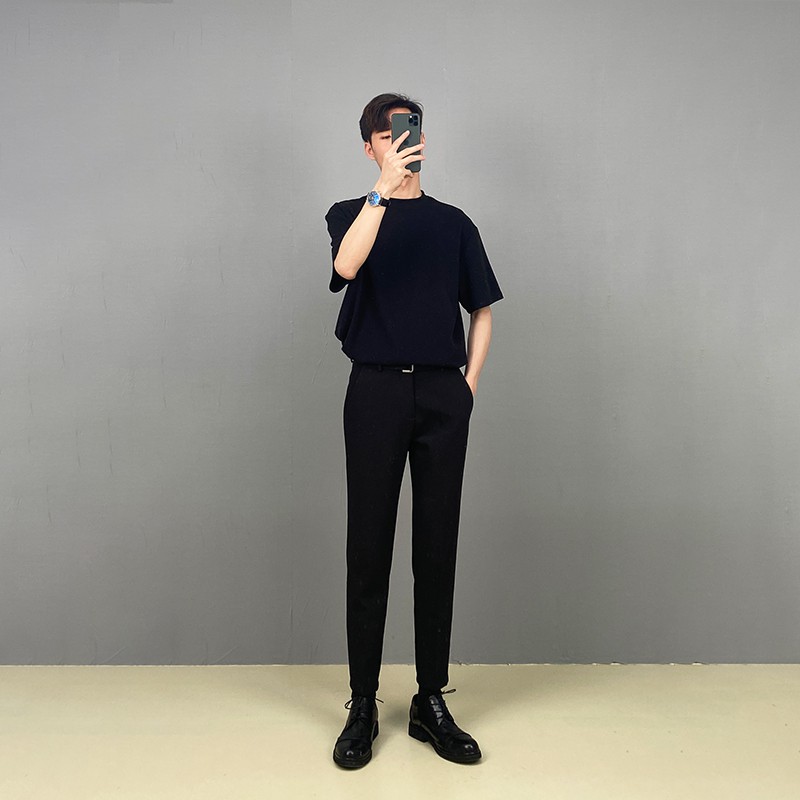 Áo thun nam trơn cổ cao mùa hè, phong cách trưởng thành nam tay lửng | BigBuy360 - bigbuy360.vn