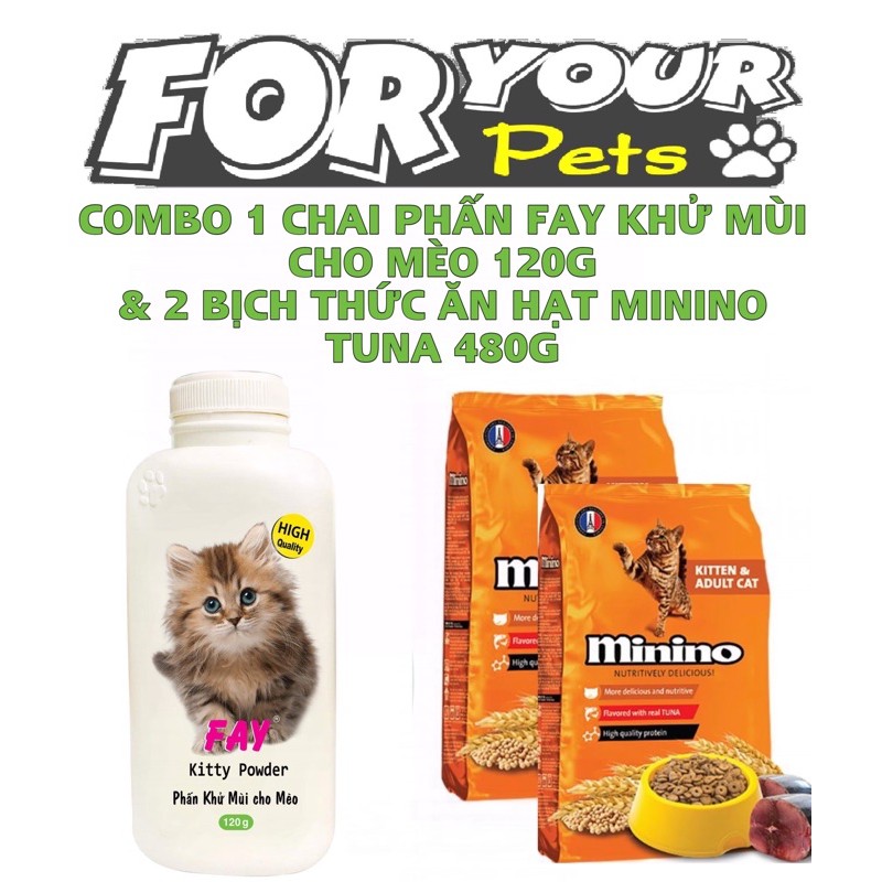 COMBO 1 CHAI PHẤN TẮM KHÔ CHO MÈO 120G VÀ 2 BỊCH THỨC ĂN HẠT CHO MÈO MININO (CÁ NGỪ) 480G