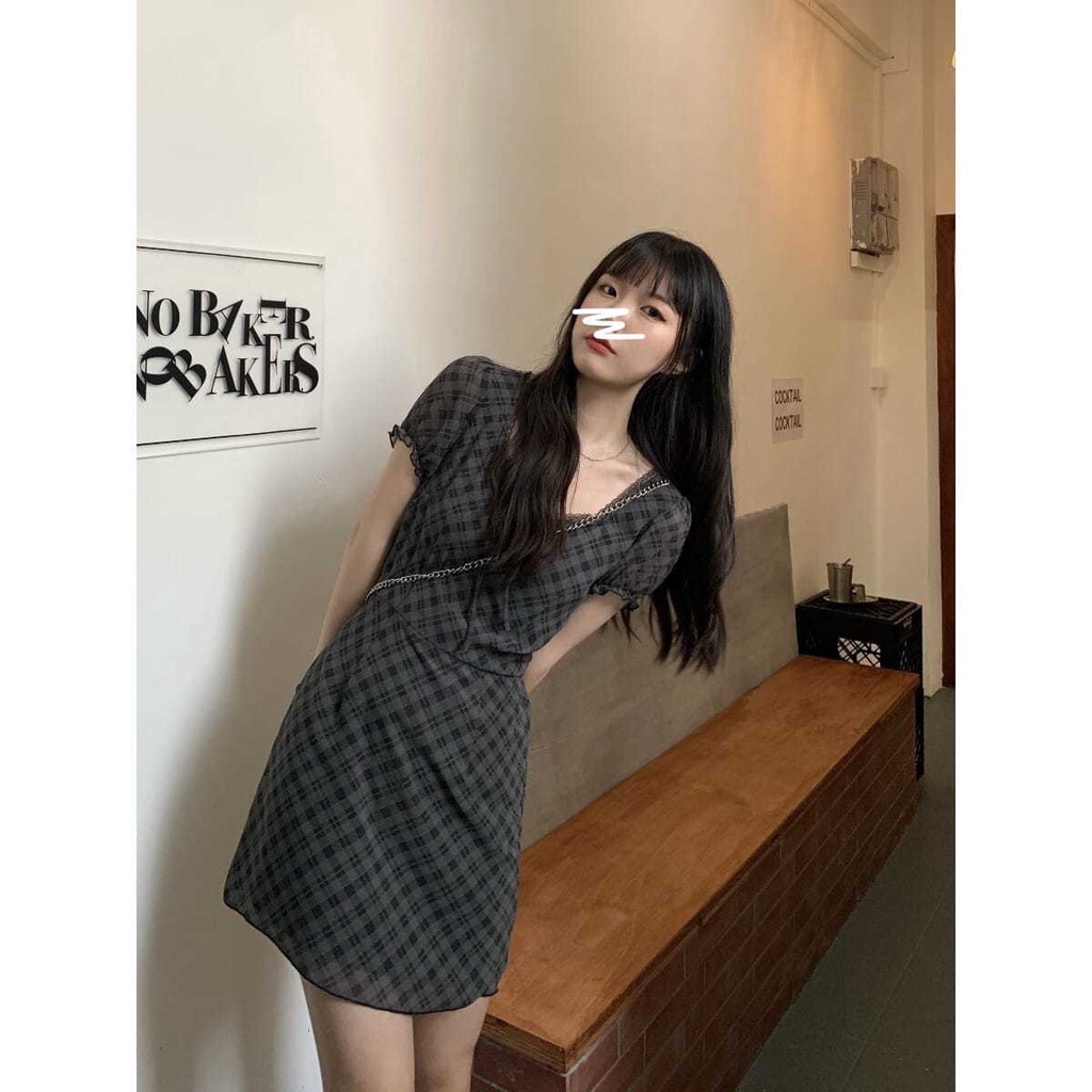 Đầm Nữ Tay Ngắn Họa Tiết Caro Đen Xám Thời Trang
