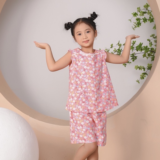 Bộ đồ cotton Việt Thắng quần đùi áo sát nách họa tiết bé gái B62.2212