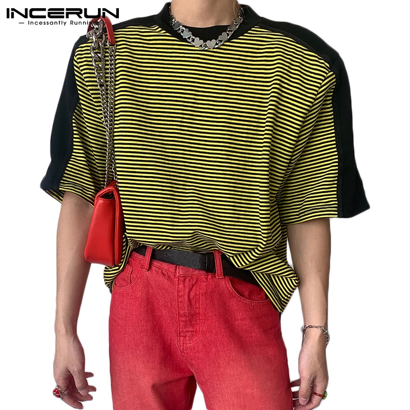 Áo thun INCERUN ngắn tay cổ tròn mềm mại họa tiết kẻ sọc phong cách đơn giản cho nam