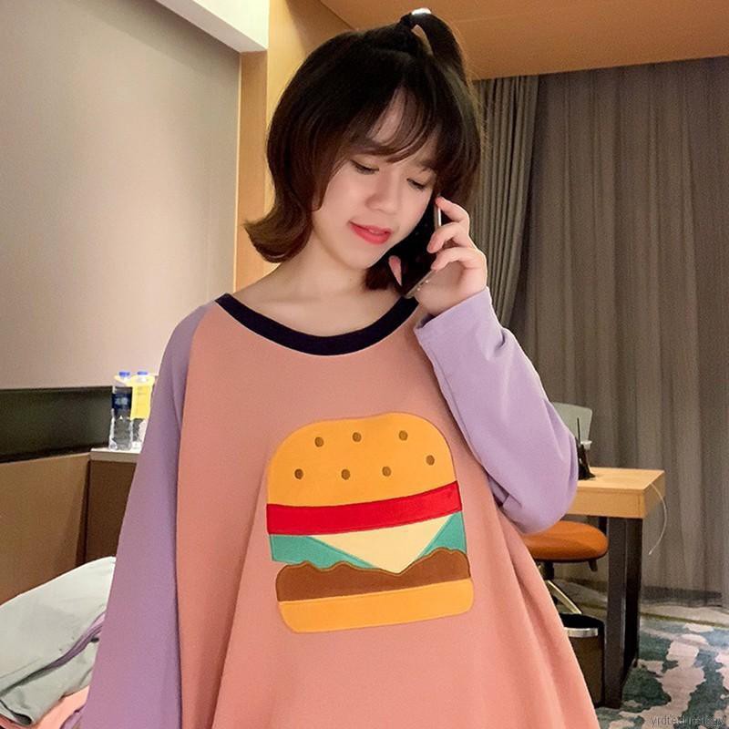 Fashion Stitching Color Cartoon Print Long-sleeved Loose Casual Nightdress | BigBuy360 - bigbuy360.vn