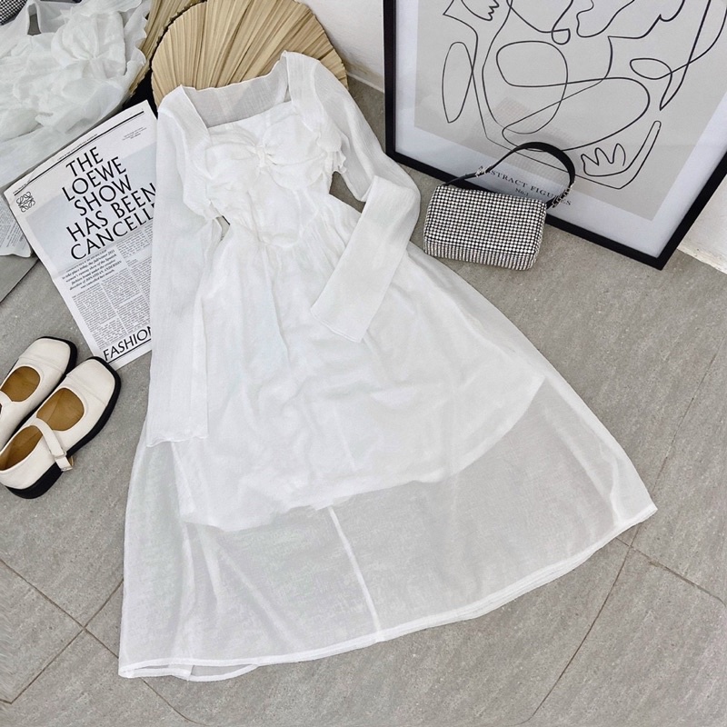 Set đầm midi kèm áo khoác hai lớp