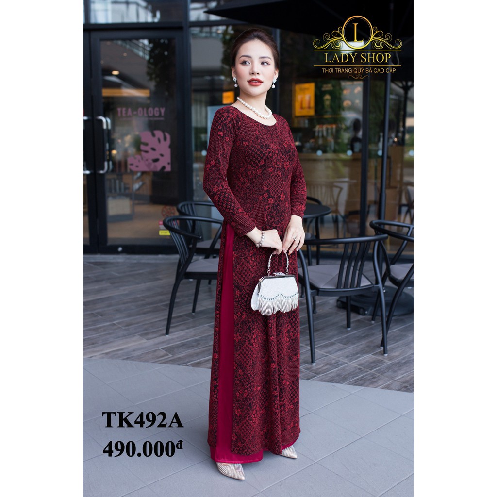 ÁO DÀI TRUNG NIÊN CAO CẤP - LADYSHOP - Áo dài nhũ hoa nhí vàng nâu TK492