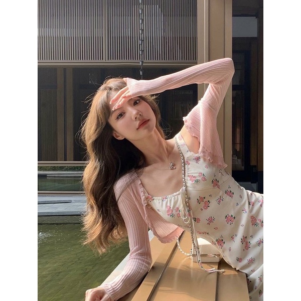 Set váy hoa midi kèm áo khoác tay dài