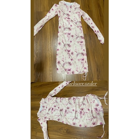 Đầm ngắn ôm sát body tay dài cut out khoét vai dây rút loang màu tie-dye - Order taobao quảng châu