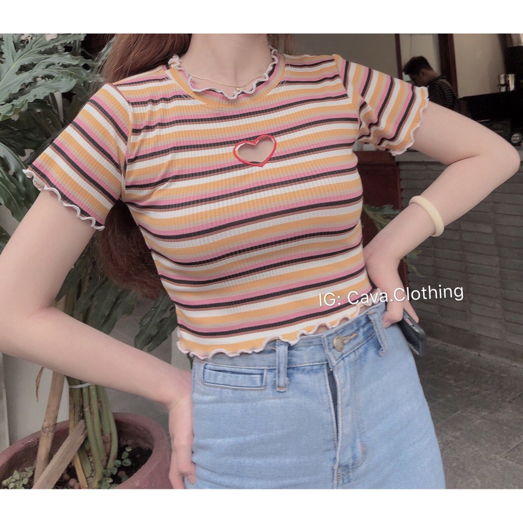 áo kiểu croptop sọc ngang cut out tim màu nhẹ nhàng ảnh thật xinh