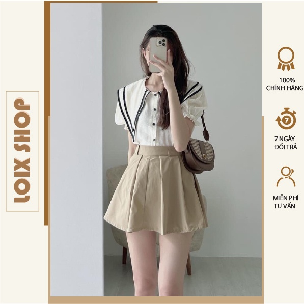 Sét bộ áo viền cổ thủy thủ cổ lá mix váy tennis LOIX mã 1152