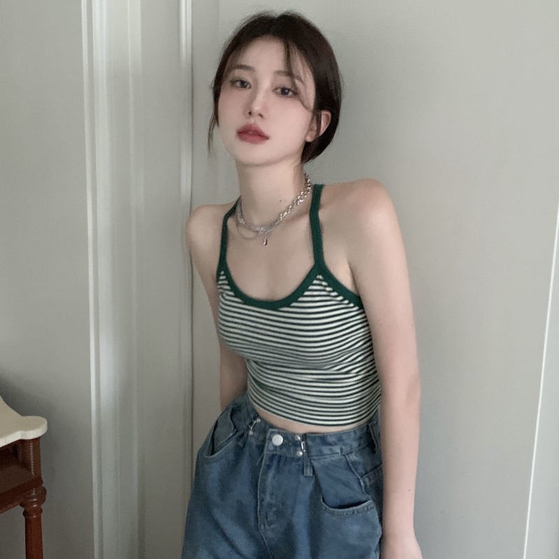 COZOK Áo Hai Dây Kẻ Sọc Màu Xanh Lá Gợi Cảm Cho Nữ