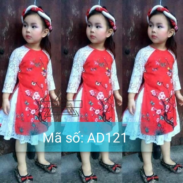 Set áo dài cách tân bé gấm hoa phối ren có váy kèm mấn
