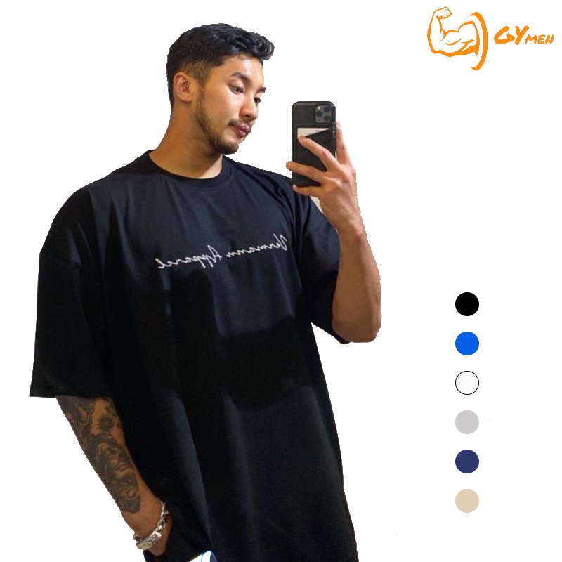 [GYMen]  Áo Thun Cotton Tay Ngắn Cổ Tròn Dáng Rộng Co Giãn Thoáng Khí Dành Cho Nam