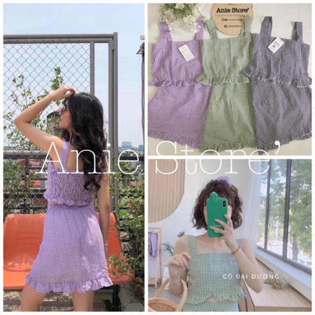 Bộ Chân Váy Áo Croptop Kẻ Caro 🦋FREESHIP🦋 Set Váy Ngắn Kèm Áo Nữ Kẻ Sọc 3 Màu