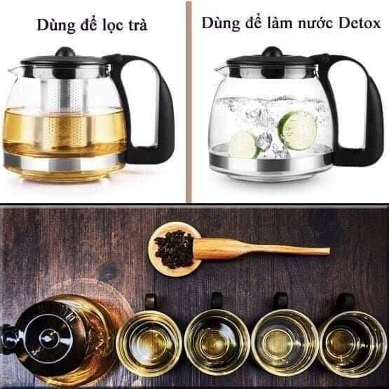 Bình Lọc Trà Thủy Tinh Tặng 4 Ly- Lưới Lọc Inox 304- Bình PhaTrà, Cafe Glass TeaPot Cao Cấp 700ml Tặng Kèm 4 Ly