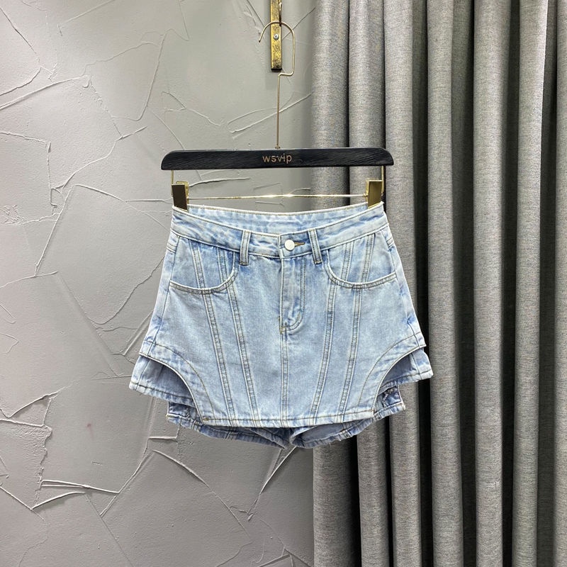 Jiashucheng Quần Culottes Denim Cạp Cao Lệch Tà Giả Hai Mảnh Dáng Chữ a Màu Xanh Nhạt Phong Cách Mới Mùa Xuân Hè @ Rộng