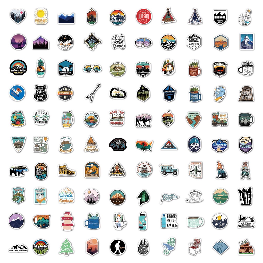 Combo 100 STICKER - chủ đề CAMPING - siêu Cute - keo xịn - chống nước