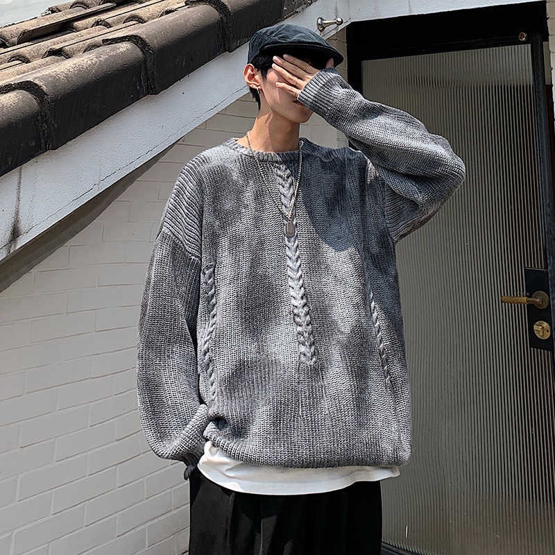 Áo len cổ tròn dài tay họa tiết màu nhuộm loang thời trang thu đông mới cho nam