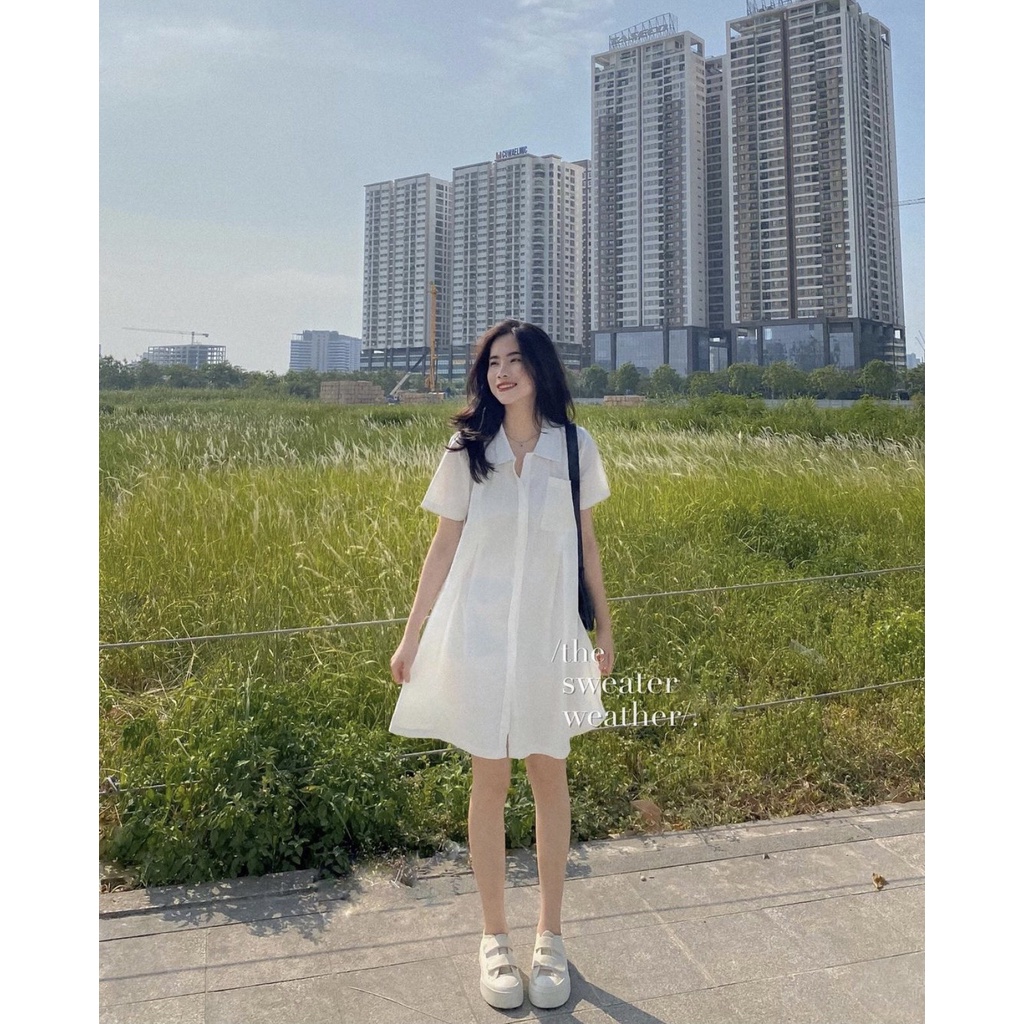 [Ảnh thật/Sẵn] Đầm - Váy sơ mi túi ngực xếp li eo dáng chữ A