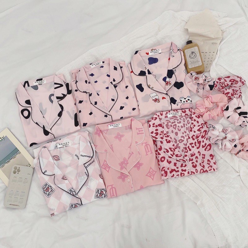 Bộ Ngủ Pijama hoạ tiết nhí , bộ ngủ lụa mango cao cấp( tặng kèm cột tóc cùng màu)