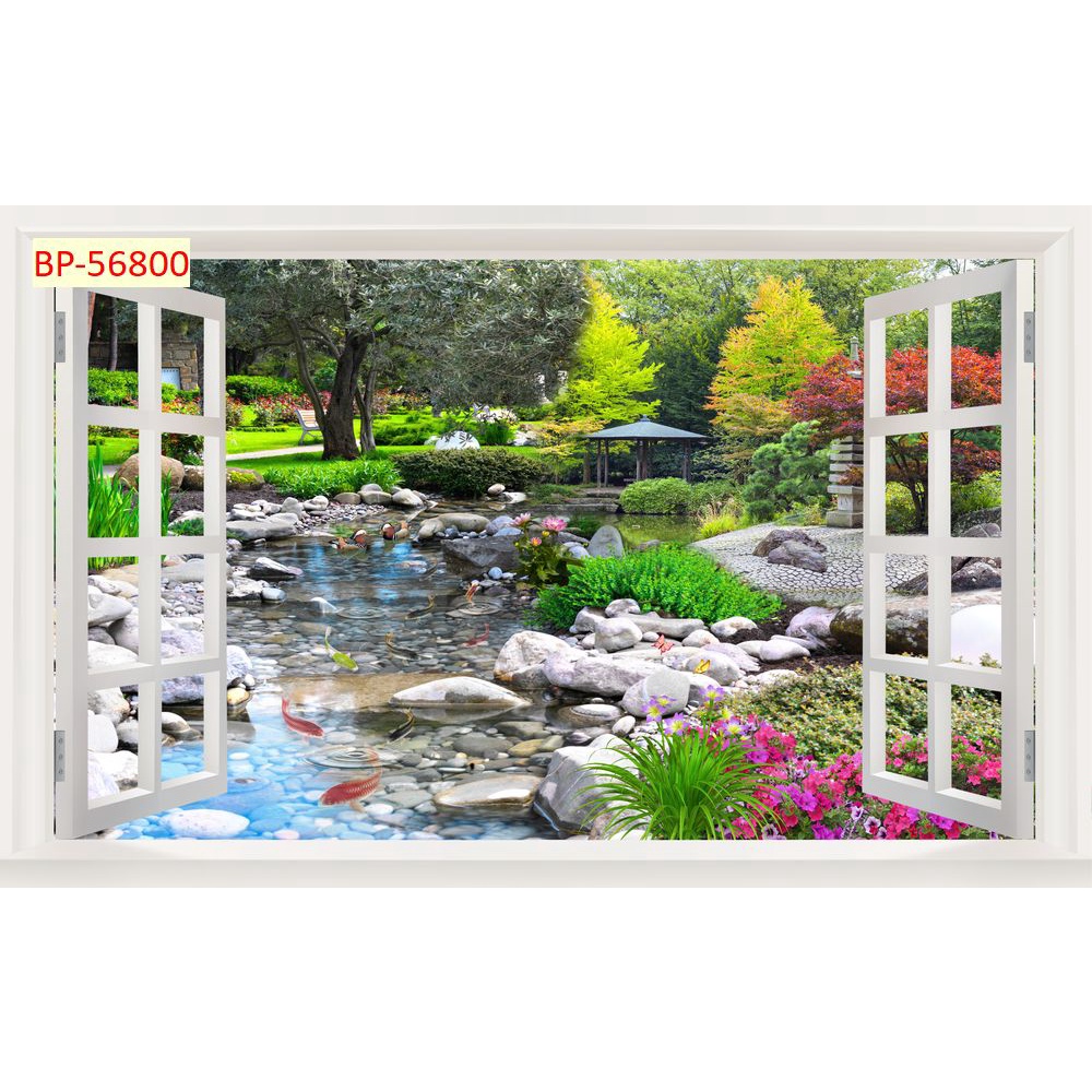 Tranh dán tường cửa sổ phong cảnh mát mẻ