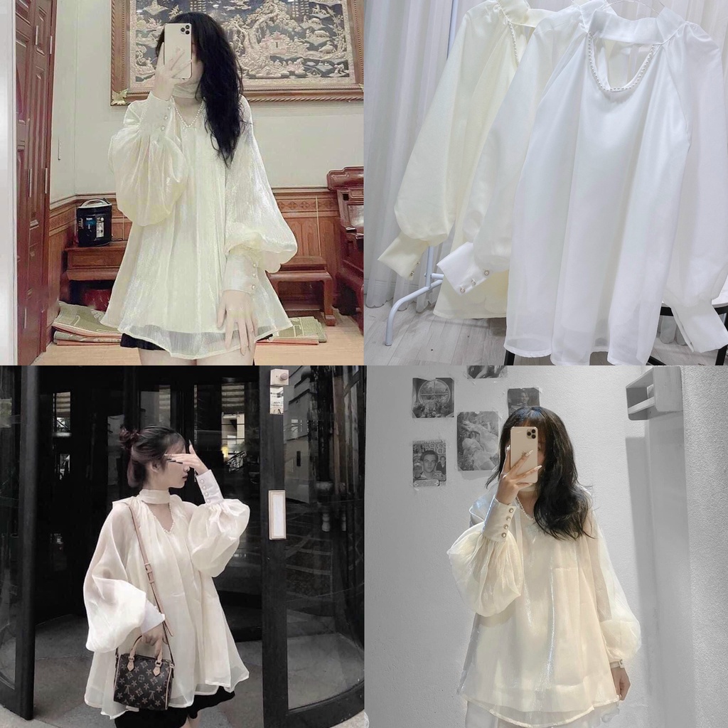 Áo sơ mi cổ phối ngọc dáng rộng- 2 lớp dáng babydoll | BigBuy360 - bigbuy360.vn