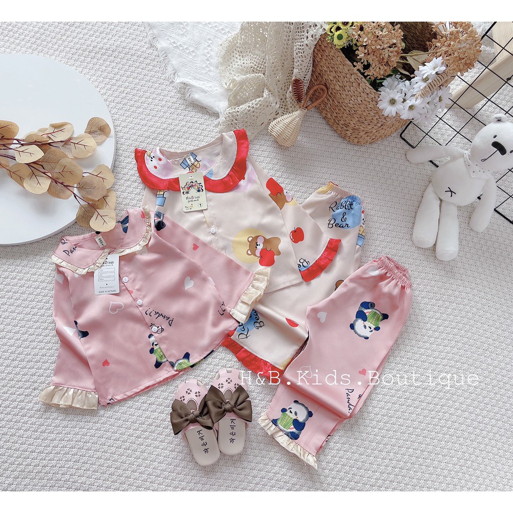 Bộ Ngủ Pijama Dài Tay Bé Gái Chất Lụa Satin Viền Bèo Cực Đẹp Cho Bé, Bộ Dài Tay Bé Gái Mặc Nhà Unchi Store (V466)